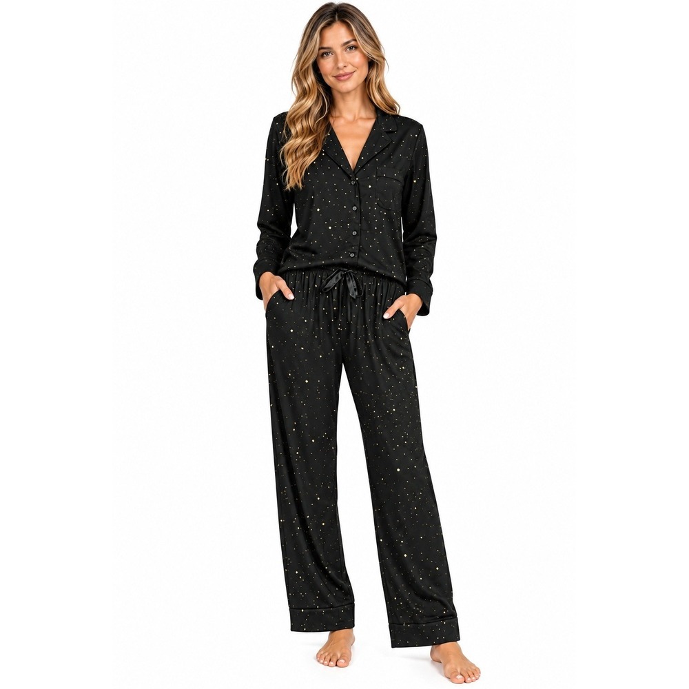 Victoria's Secret Pajama Set Women M Black Gold Star Print 2PC Button Down New